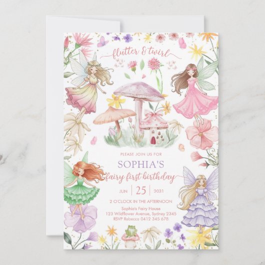 Flutter and Twirl Fairy First 1st Birthday 招待状 (正面)