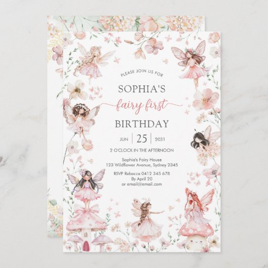 Flutter and Twirl Fairy First 1st Birthday 招待状 (正面/裏面)