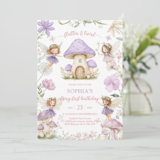 Flutter and Twirl Fairy First 1st Birthday 招待状 (スタンド正面)