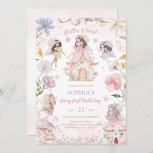 Flutter and Twirl Fairy First 1st Birthday 招待状 (正面/裏面)