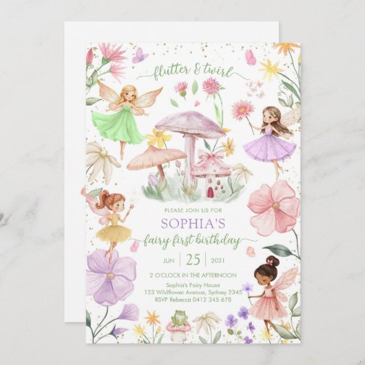 Flutter and Twirl Fairy First 1st Birthday 招待状 (正面/裏面)