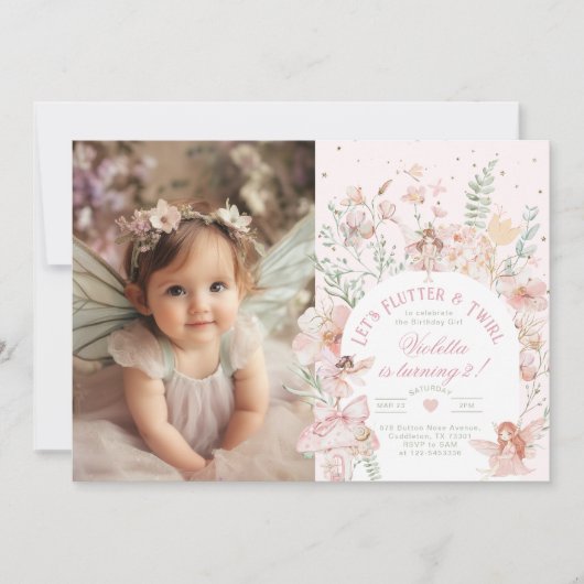 Flutter and Twirl Fairy princess Any Age BIrthday 招待状 (正面)