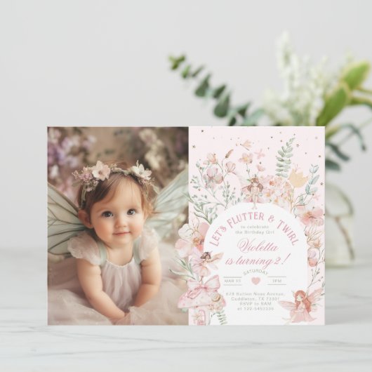 Flutter and Twirl Fairy princess Any Age BIrthday 招待状 (スタンド正面)