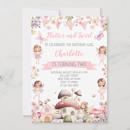 Flutter and Twirl Fairy Second Birthday Party 招待状 (正面)