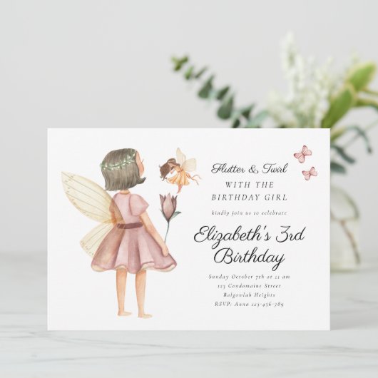 Flutter and Twirl Floral Fairy Birthday Party 招待状 (スタンド正面)