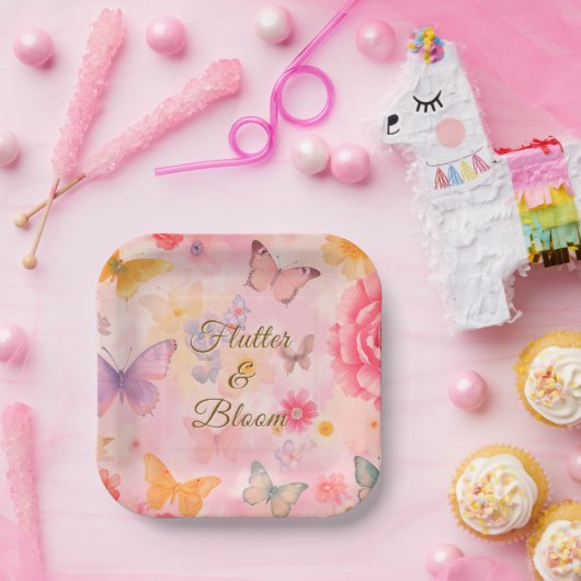 Flutter & Bloom 華やかな花と蝶々 ペーパープレート (パーティー)