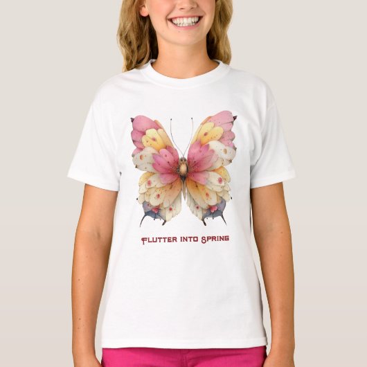 Flutter Into Spring Easter Pink Yellow Butterfly Tシャツ (正面)