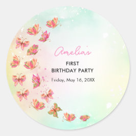 Flutter Kiss Butterfly Girl 1st Birthday  ラウンドシール