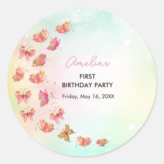 Flutter Kiss Butterfly Girl 1st Birthday  ラウンドシール (正面)