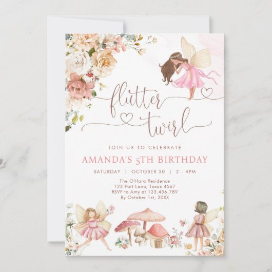 Flutter & Twirl Wildflower Fairy Girl Birthday 招待状 (正面)