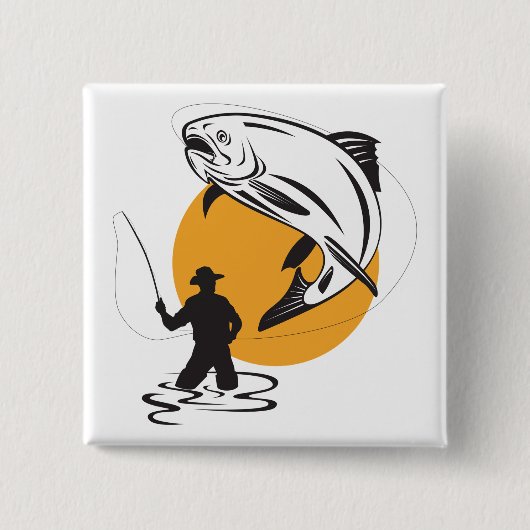 Fly Fishing Trout Sunset Silhouette 缶バッジ (正面)