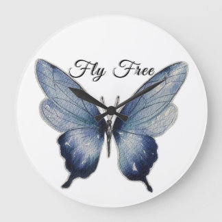 Fly Free – ブルーバタフライ アート デザイン ラージ壁時計