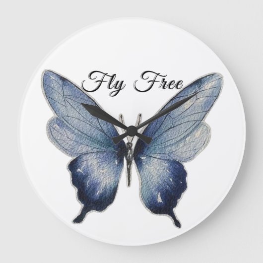 Fly Free – ブルーバタフライ アート デザイン ラージ壁時計 (正面)