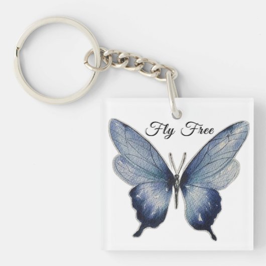 Fly Free – ブルー・バタフライ・アートデザイン キーホルダー (正面)