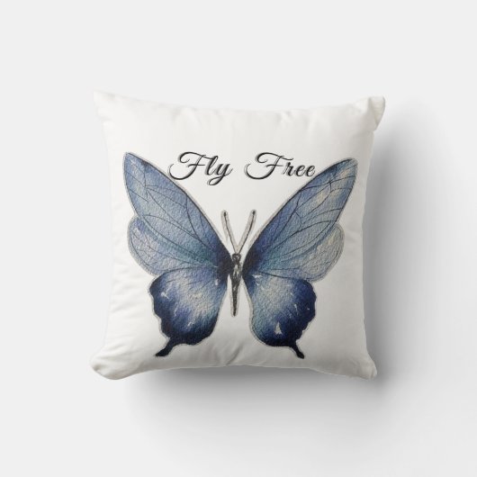 Fly Free – Blue Butterfly Art Design クッション (正面)