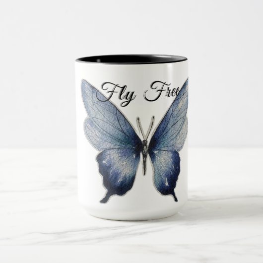 Fly Free – Blue Butterfly Art Design マグカップ (中央)