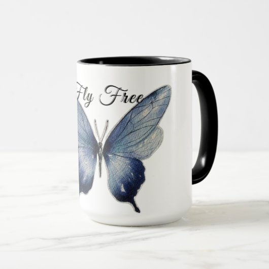 Fly Free – Blue Butterfly Art Design マグカップ (正面右)