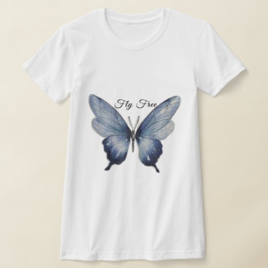 Fly Free – Blue Butterfly Art Design Tシャツ (レイダウン)