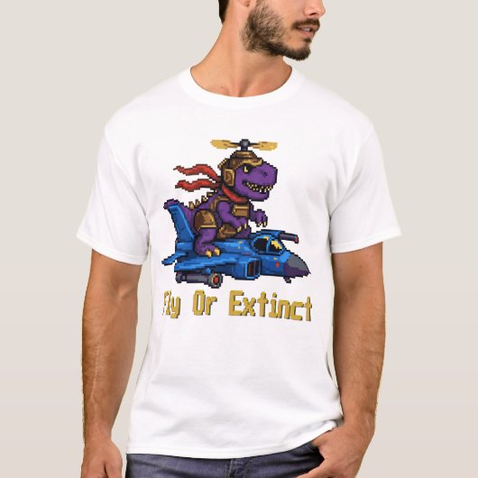 Fly Or Extinct Pixel Art Dinosaur Pilot Fighter Je Tシャツ (正面)