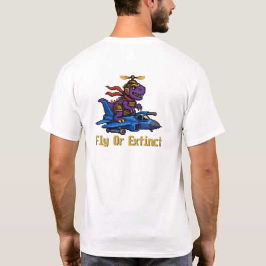 Fly Or Extinct Pixel Art Dinosaur Pilot Fighter Je Tシャツ (裏面)