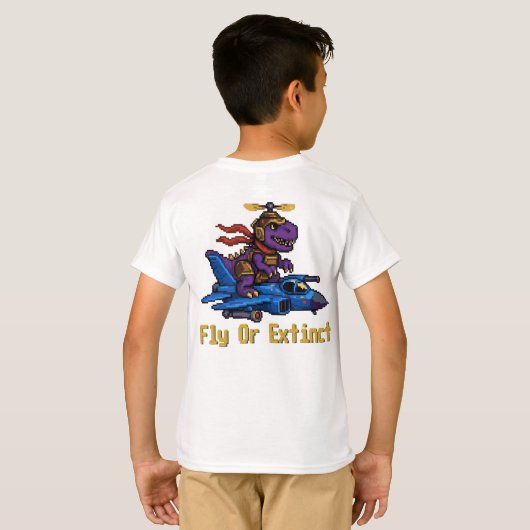 Fly Or Extinct Pixel Art Dinosaur Pilot Fighter Je Tシャツ (裏面フル)