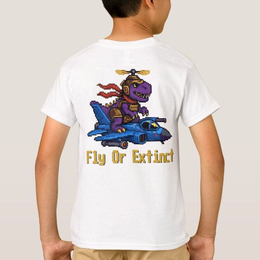 Fly Or Extinct Pixel Art Dinosaur Pilot Fighter Je Tシャツ (裏面)