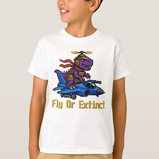 Fly Or Extinct Pixel Art Dinosaur Pilot Fighter Je Tシャツ (正面)