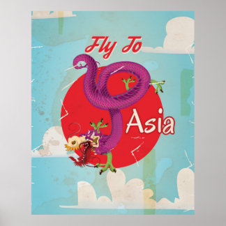 Fly to Asia Vintage Travelポスター ポスター