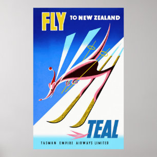 Fly to New Zealand Vintage Travel Poster ポスター