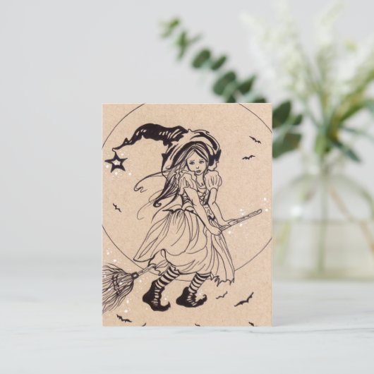 Fly With Me小さな魔女ほうきハロウィン葉書 ポストカード (スタンド正面)