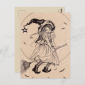 Fly With Me小さな魔女ほうきハロウィン葉書 ポストカード (正面/裏面)