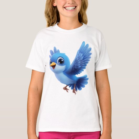 Flying Blue Bird – Flappy Cartoon Character Kids Tシャツ (正面)