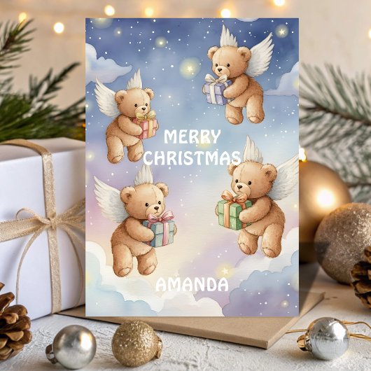 Flying Christmas Teddy Bears Kids Card シーズンカード