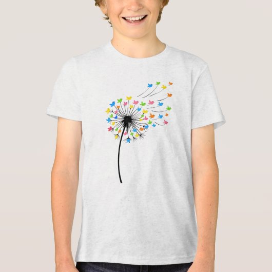 Flying colorful birds dandelion flow トライブレンドＴシャツ (正面)