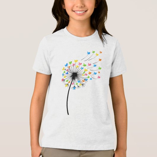 Flying colorful birds dandelion flow トライブレンドＴシャツ (正面)