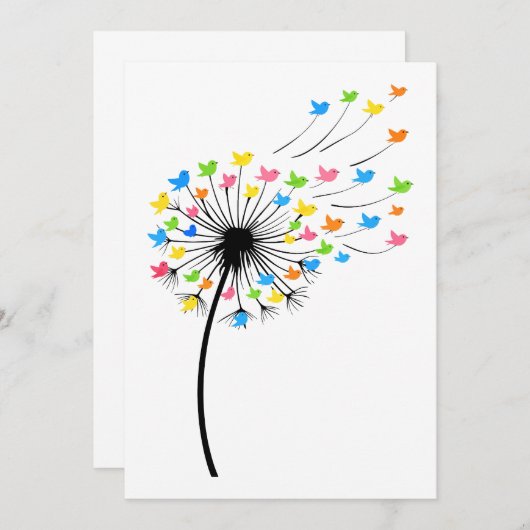 Flying colorful birds dandelion flow 招待状 (正面/裏面)