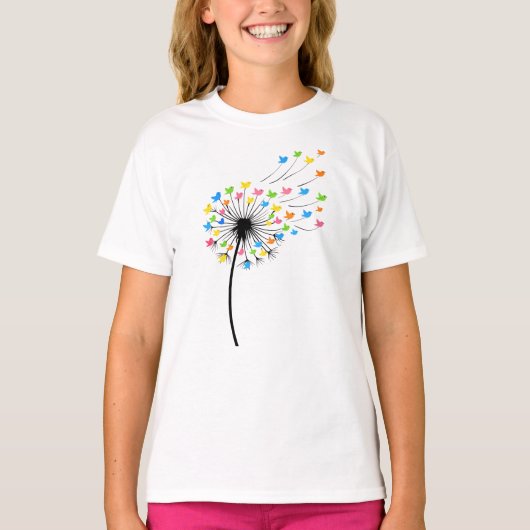 Flying colorful birds dandelion flow tシャツ (正面)