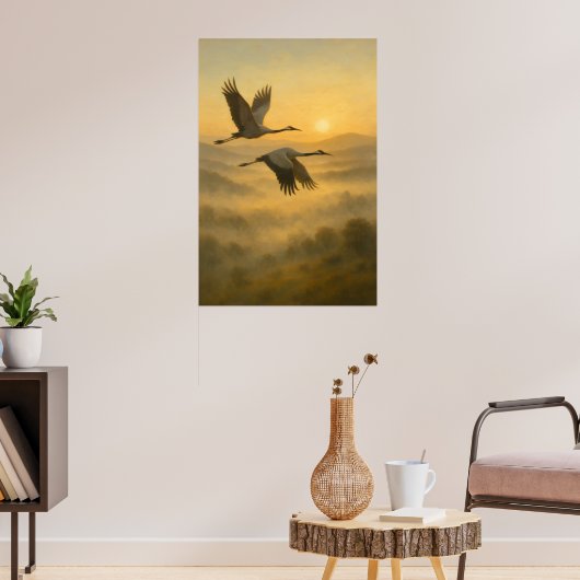Flying Cranes at Sunset – Serene Nature Wall Art ポスター (リビング3)