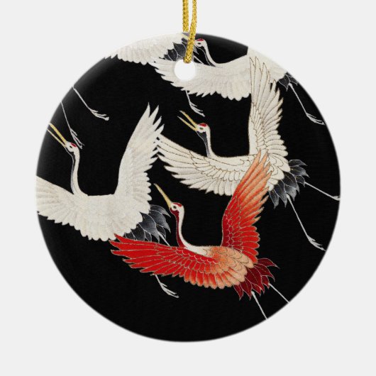Flying Cranes Japanese Bird Kimono Art セラミックオーナメント (正面)