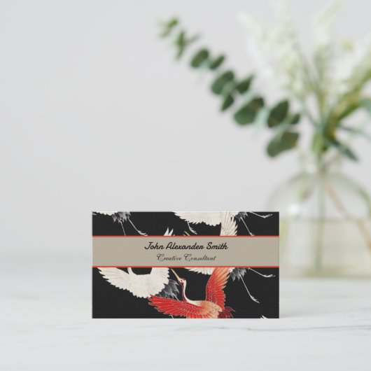 Flying Cranes Japanese Bird Kimono Art 名刺 (スタンド正面)