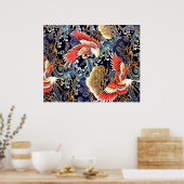 FLYING CRANES,WAVES,SPRING FLOWERS 和の花柄 ポスター (キッチン)