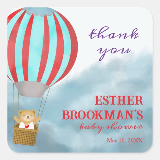 Flying Cute Cub in a Hot Air Balloon Baby Shower スクエアシール (正面)