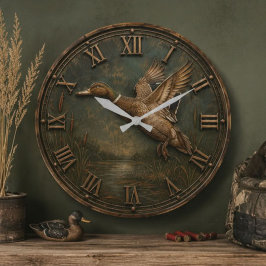 Flying Duck Rustic Waterfowl Hunting Cabin Decor ラージ壁時計