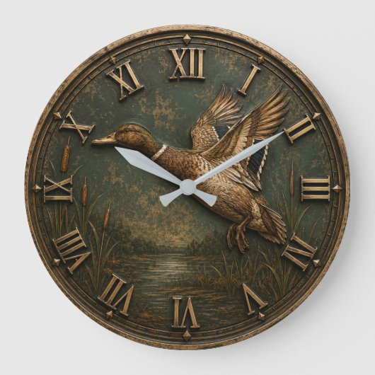 Flying Duck Rustic Waterfowl Hunting Cabin Decor ラージ壁時計 (正面)