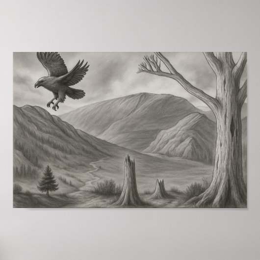 Flying Free – Monochrome Wilderness Sketch Art ポスター (正面)