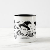 Flying Ghost Witch on Broom Halloween Mug | Double ツートーンマグカップ (中央)