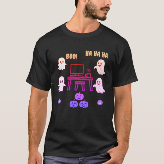 Flying Ghosts Around a Computer – Halloween Tech Tシャツ (正面)