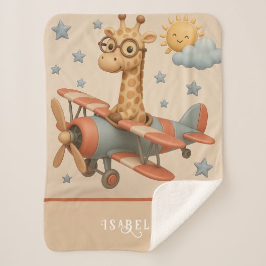 Flying Giraffe – Cute Airplane. シェルパブランケット (正面)