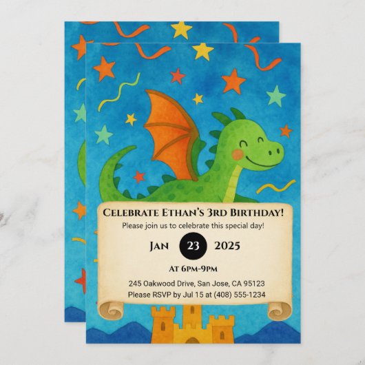 Flying Green Dragon Over Starry Castle Birthday 招待状 (正面/裏面)