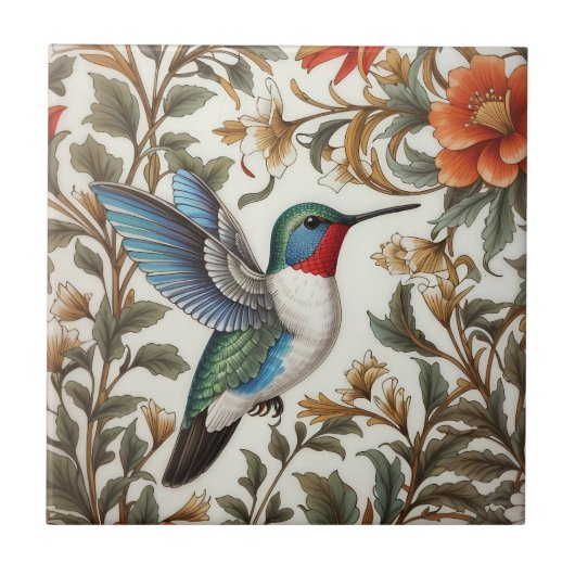 Flying Hummingbird William Morris Inspired タイル (正面)
